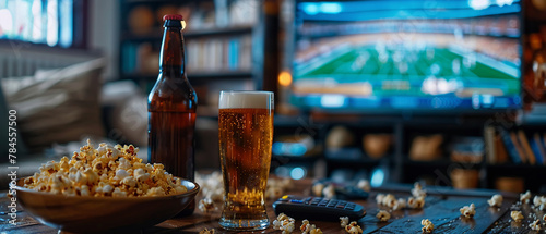 Enjoying football at home  table setup with beer  popcorn  remote  and TV stadium view  text space