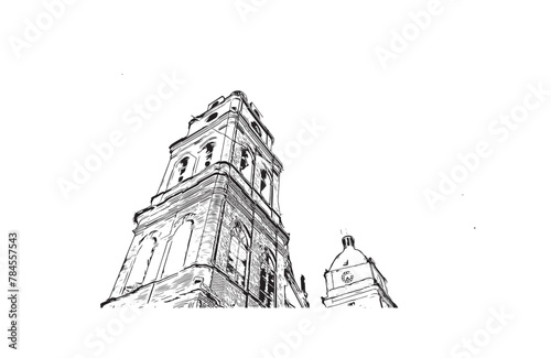 Obraz na płótnie Print Building view with landmark of Santa Cruz de la Sierra is the city in eastern Bolivia. Hand drawn sketch illustration in vector. w salonie