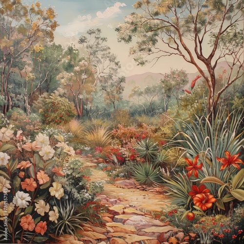 Australian Outback A vibrant oil painting capturing the beauty of the Australian outback with a path winding through native flora including eucalyptus trees  flowering shrubs  and colorful wildflowers