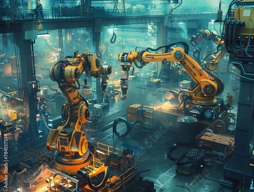 An engineer oversees and manages welding robotics, automated arms machinery within an intelligent automotive industrial factory, utilizing monitoring system software