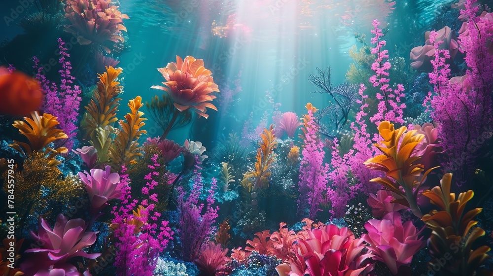 Naklejka premium Imaginative alien ecosystem, vibrant flora and fauna, extraterrestrial colors, copy space