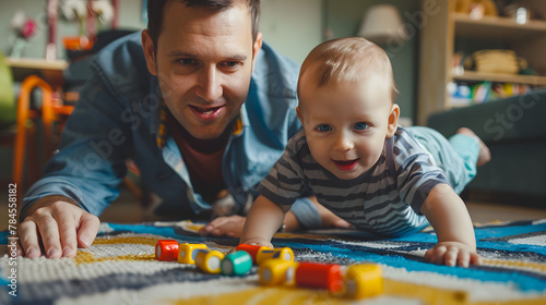 Père nouant des liens avec bébé pendant le temps de jeu sur le sol du salon photo