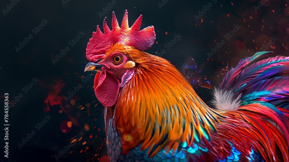 Vibrant rooster portrait with fiery plumage and striking details