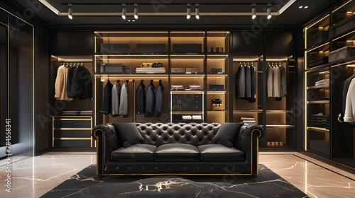 Ein Luxusgeschäft für Herrenbekleidung mit einem braunen Ledersofa, elegantes schwarzes Ledersofa