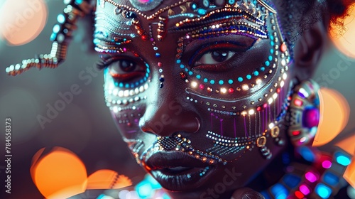 Enigmatic woman with futuristic tribal makeup in vibrant hues © volga