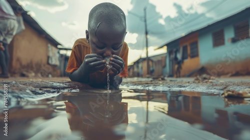 Little African boy drinks water from a puddle. AI generative. photo