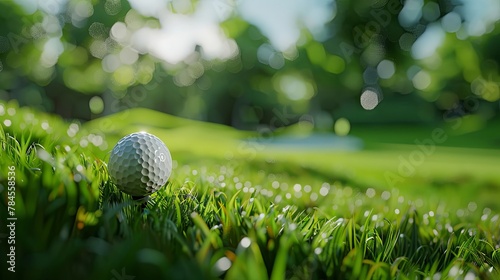 Close-up of golf ball in lush green grass on sunny day
