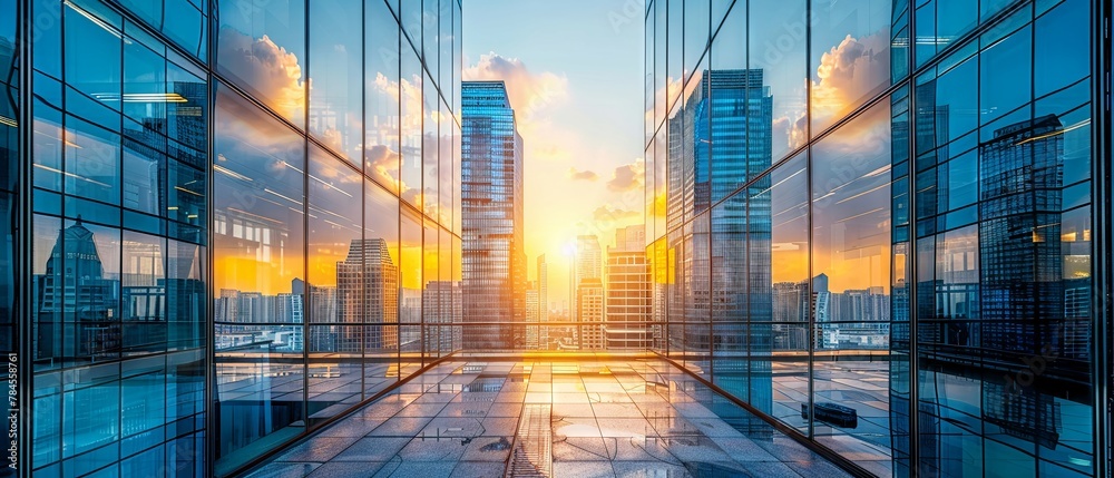 Urban view of glass office buildings in skyscraper, modern business district, copy space Urban view of glass office buildings in skyscraper, modern business district, copy space