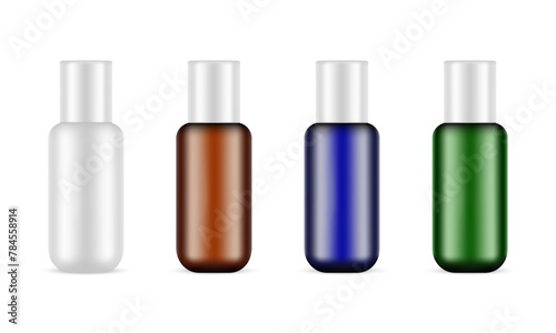 Set Of Cosmetic Packaging Bottles for Lotion or Oil, Plastic, Amber, Blue, Green,  Isolated on White Background. Vector Illustration