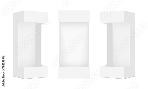 Set Of Blank Packaging Box With Window, Front And Side View, Isolated On White Background. Vector Illustration