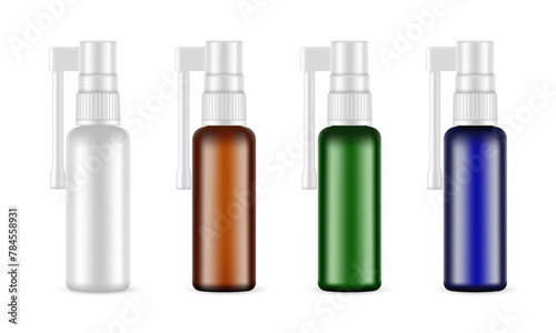 Set Of Throat Spray Bottles, Front View, Isolated On White Background. Vector Illustration