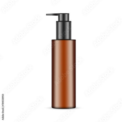Amber Pump Bottle With Black Cap, Front View, Isolated On White Background. Vector Illustration