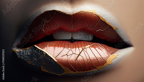 Close-up of lips with a cracked gold effect, blending art and beauty to create a striking and unique visual statement