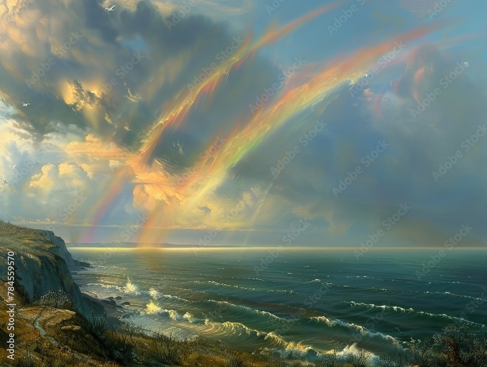 The idea of a twilight rainbow - A picturesque setting reveals itself with a tranquil, multihued ocean under the soft evening light, adorned by the appearance of a dual rainbow