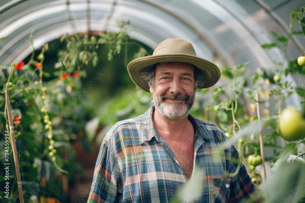 Obraz premium Interior of a greenhouse with a middle aged male worker