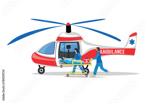 A professional team of paramedics delivers a patient by helicopter to the hospital. Ambulance, emergency medical care. Thanks to the doctors and nurses. Urgent hospitalization. Vector illustration.