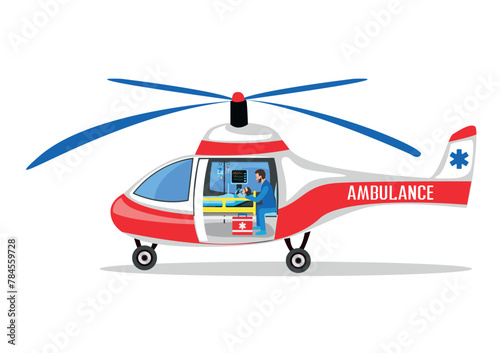 A professional team of paramedics delivers a patient by helicopter to the hospital. Ambulance, emergency medical care. Thanks to the doctors and nurses. Urgent hospitalization. Vector illustration.
