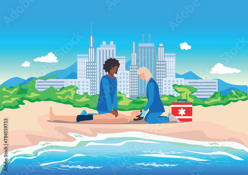 A professional team of paramedics provides assistance to a patient. Ambulance, emergency medical care. Thanks to the doctors and nurses. Urgent hospitalization. Vector illustration.