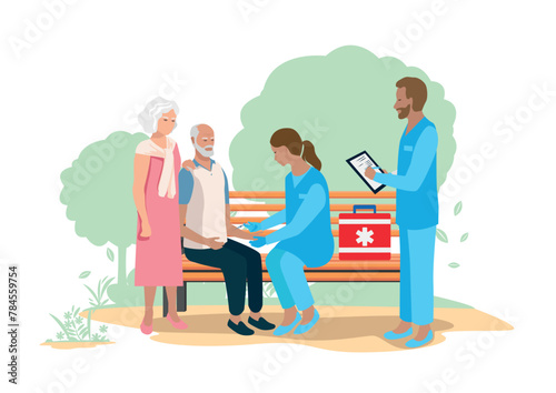 A professional team of paramedics provides assistance to a patient. Ambulance, emergency medical care. Thanks to the doctors and nurses. Urgent hospitalization. Vector illustration.