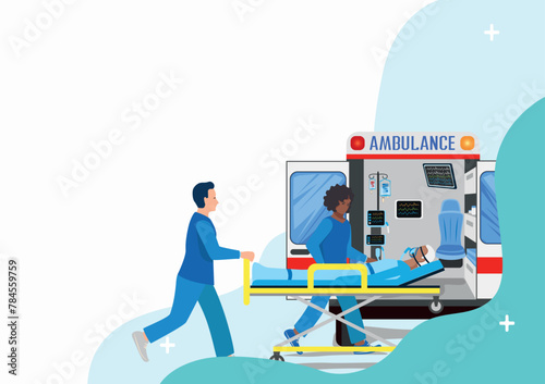 A professional team of paramedics provides assistance to a patient. Ambulance, emergency medical care. Thanks to the doctors and nurses. Urgent hospitalization. Vector illustration.