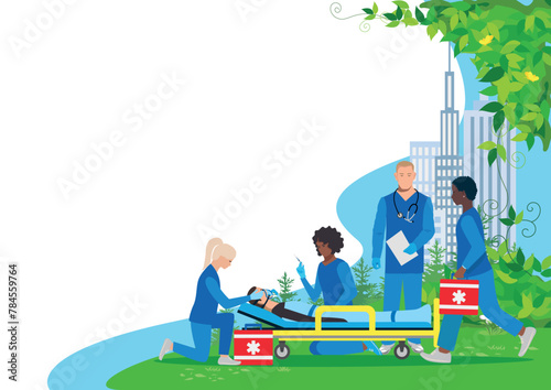 A professional team of paramedics provides assistance to a patient. Ambulance, emergency medical care. Thanks to the doctors and nurses. Urgent hospitalization. Vector illustration.