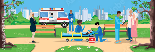 A professional team of paramedics provides assistance to a patient. Ambulance, emergency medical care. Thanks to the doctors and nurses. Urgent hospitalization. Vector illustration.