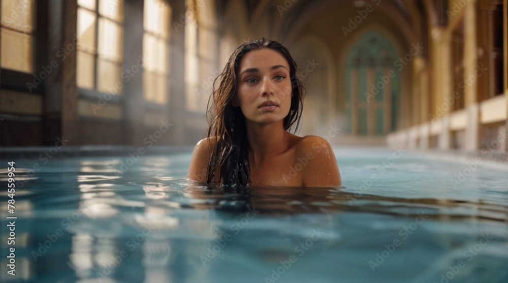 Beautiful young woman relaxing in the indoor thermal bath	