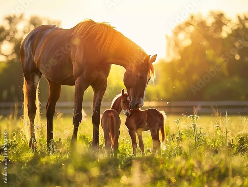 A beautiful brown mare nurturing 
