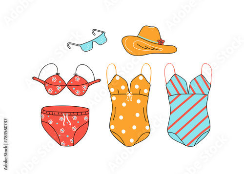 Summer clothes for the beach. Set of bright swimsuits for the beach and pool, doodles. Women's collection. Vector illustration on white isolated background.