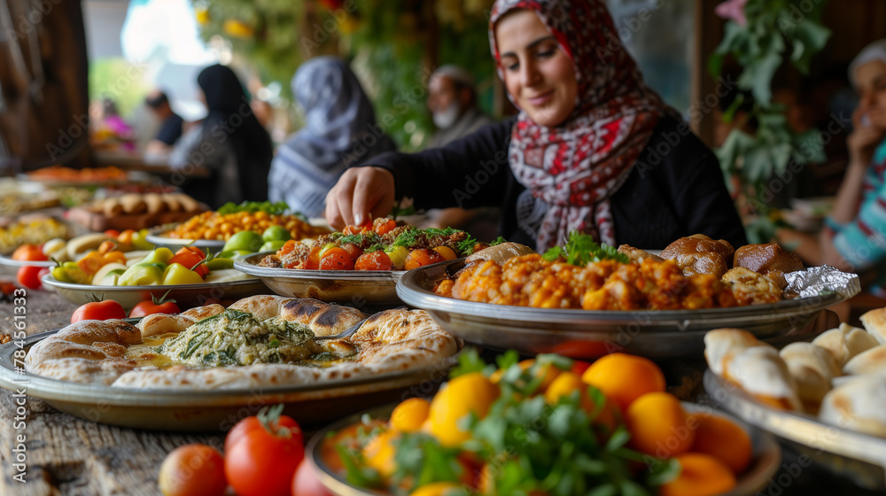 Traditional feast preparation with women serving an array of Middle Eastern dishes.