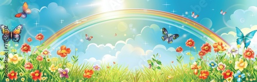 banner bright and serene landscape with rainbows  flowers and butterflies