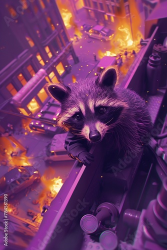 A quickwitted raccoon navigating a fire truck through a burning cityscape photo