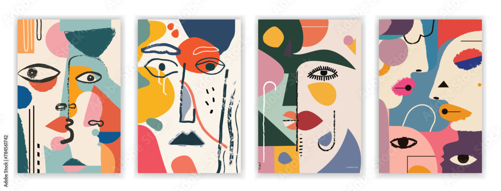Collection of Abstract Decorative Painting Posters with Human Faces and Colorful Geometric Shapes