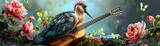 A stork playing a gentle lullaby on a guitar, soothing baby animals, illustrated in soft, tender watercolors