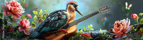 A stork playing a gentle lullaby on a guitar, soothing baby animals, illustrated in soft, tender watercolors