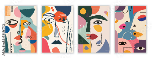 Collection of Abstract Decorative Painting Posters with Human Faces and Colorful Geometric Shapes