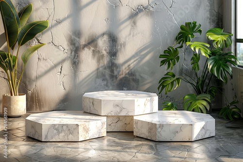 4 white marble hexagonal podiums on a simple background for product display