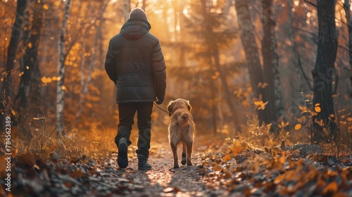 Craft a charming scene of a pet and its owner exploring a winding forest trail together