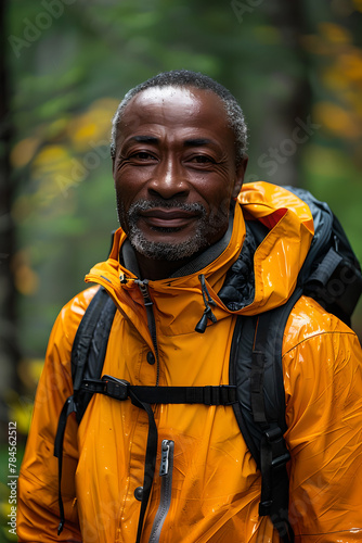 Reflective Senior Hiker in Vibrant Yellow Jacket, Generative AI