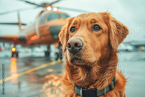 Rescue Dog Search Golden retriever on rainy airport 