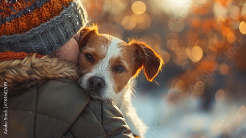 Craft a charming scene of a pet offering a comforting hug to its owner photo
