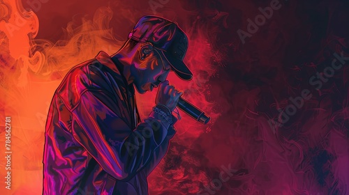 Vibrant illustration of young male rapper performing on stage photo
