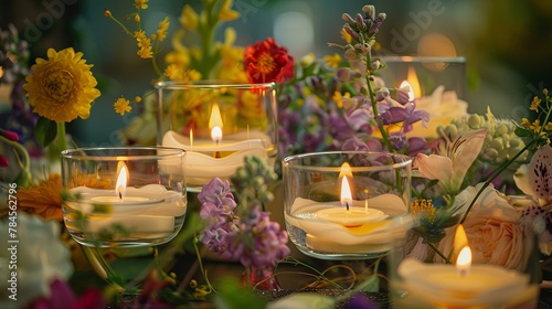 Serene floral arrangement with glowing candles centerpiece