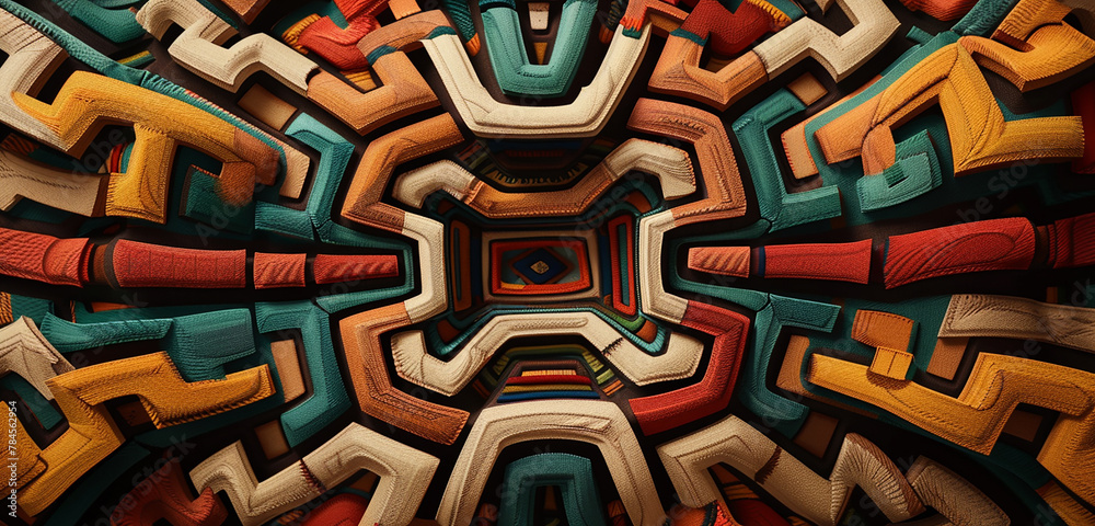 A maze of intertwining patterns inspired by traditional Native American textiles.