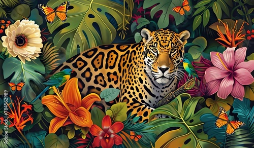 Vibrant jungle scene with leopard and tropical flowers