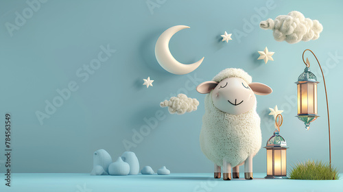 Eid al adha Mubarak background moslem eid al fitri, lantern, ramadan, eid al adha concept background, cute sheep and cow in light blue background 