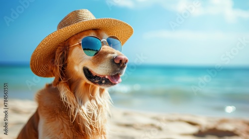 A dog wearing a hat and sunglasses on the beach. Summer vacation with pets