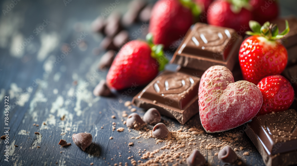 Strawberries and heart-shaped chocolate pieces on a rustic background. Strawberries and heart-shaped chocolate pieces on a rustic background.