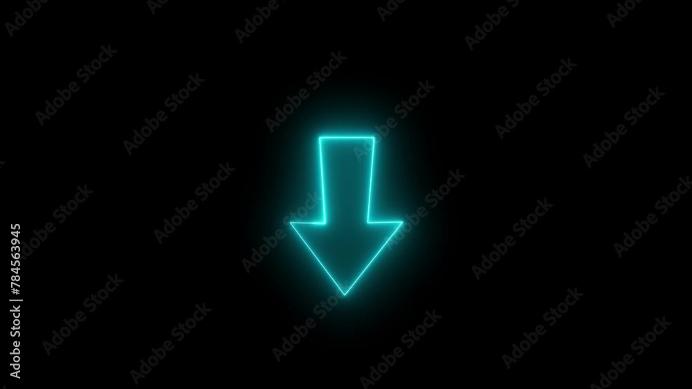 Neon arrow glowing. Directional sign arrow points to the down. Vector sign logo with glowing colors. Neon arrow glowing. Directional sign arrow points to the down. Vector sign logo with glowing colors.