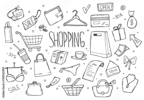 Shopping retail sale and discount doodle set isolated vector illustration isolated